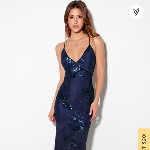 Valhalla Navy Blue Sequin Lace-Up Maxi Dress